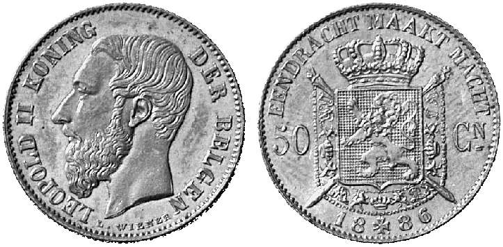 KÖNIGREICH BELGIEN Leopold II., 1865-1909. 50 Centimes 1886.