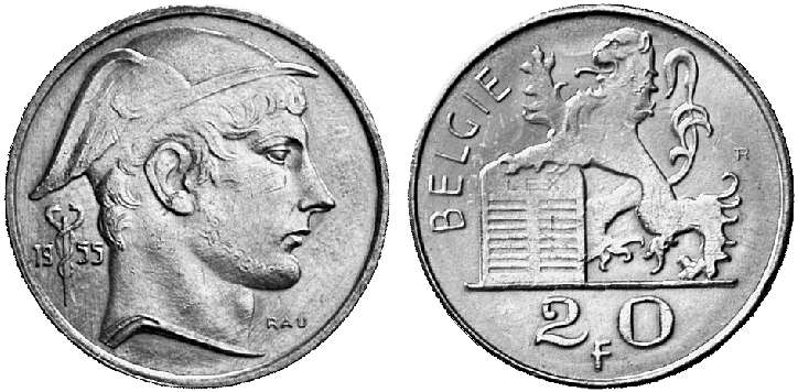 KÖNIGREICH BELGIEN Baudouin I., 1951-1993. 20 Francs 1955.