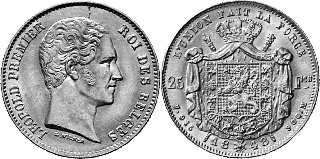 KÖNIGREICH BELGIEN Leopold I., 1830-1865. 25 Francs 1848, Brüssel.