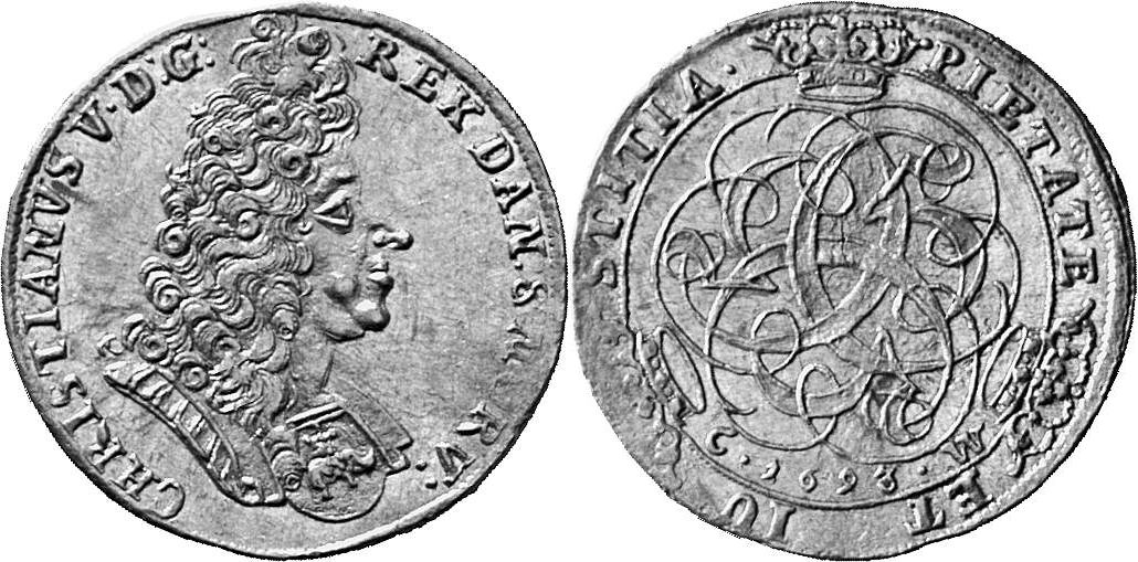 DÄNEMARK KÖNIGREICH Christian V., 1670-1699. Dukat 1693, Kopenhagen.