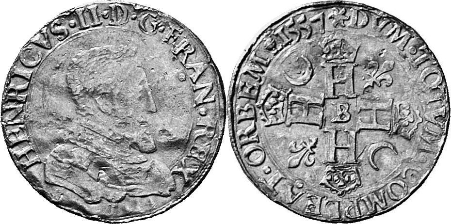 FRANKREICH KÖNIGREICH Henri II, 1547-1559. Double henri d'or 1557 Rouen.