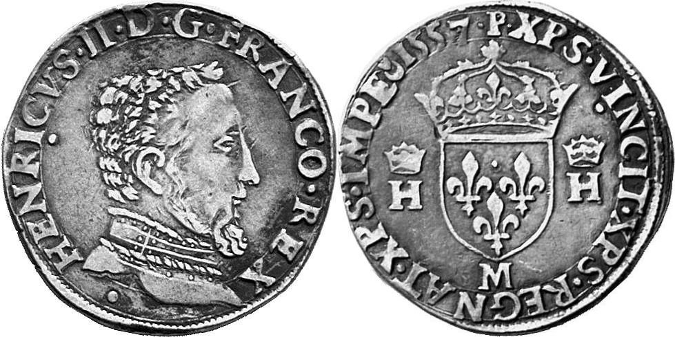 FRANKREICH KÖNIGREICH Henri II, 1547-1559. Teston 1557 M, Toulouse.