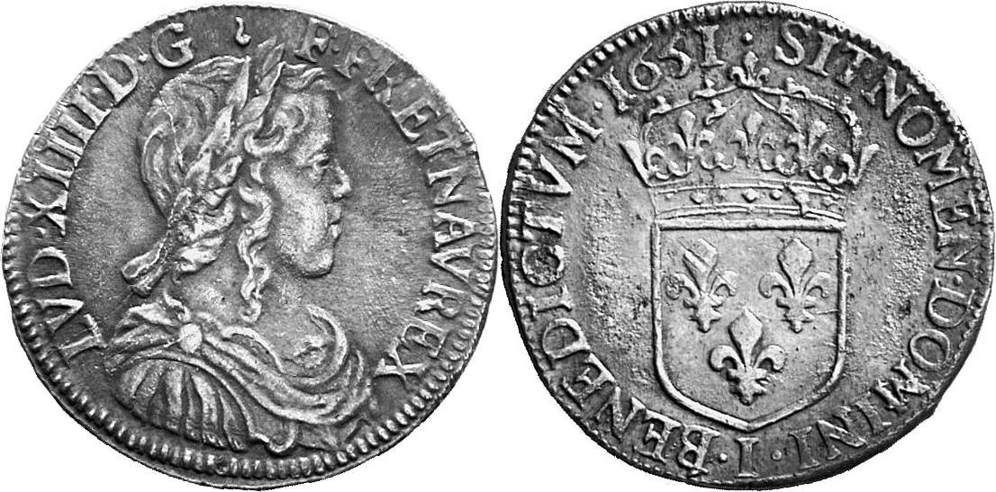 FRANKREICH KÖNIGREICH Louis XIV, 1643-1715. 1/2 Ecu à la mèche longue 1651 I, Limoges.