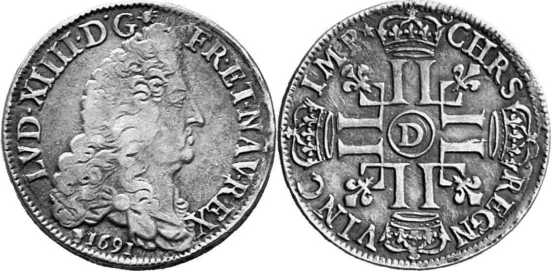 FRANKREICH KÖNIGREICH Louis XIV, 1643-1715. 1/2 Ecu aux huit L 1691 D, Lyon.