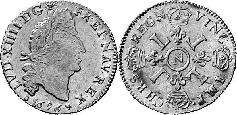 FRANKREICH KÖNIGREICH Louis XIV, 1643-1715. Louis d'or aux quatre L 1696 N, Montpellier.