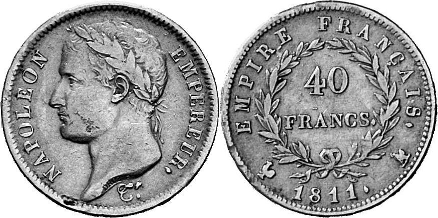 FRANKREICH KÖNIGREICH Napoléon I, 1804-1814, 1815. 40 Francs 1811 A (auf Hahn überprägt), Paris.