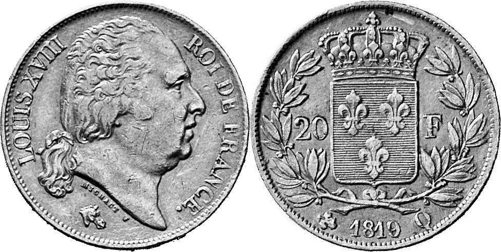 FRANKREICH KÖNIGREICH Louis XVIII, 1814, 1815-1824. 20 Francs 1819 Q, Perpignan.