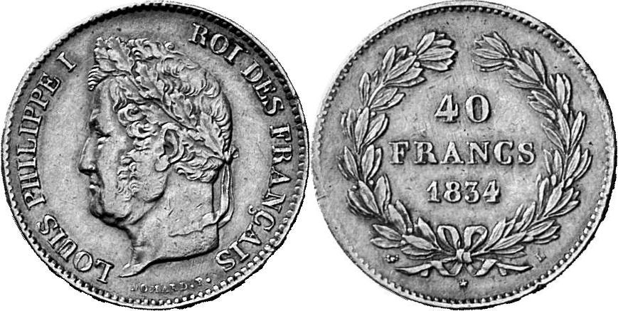 FRANKREICH KÖNIGREICH Louis Philippe, 1830-1848. 40 Francs 1834 L, Bayonne.