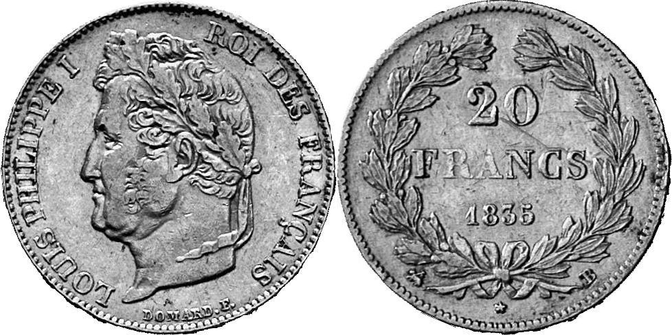 FRANKREICH KÖNIGREICH Louis Philippe, 1830-1848. 20 Francs 1835 B, Rouen.