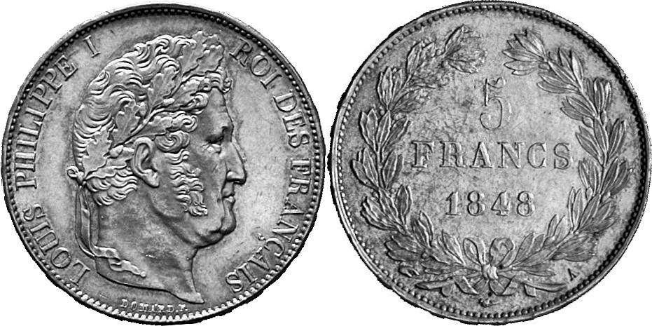 FRANKREICH KÖNIGREICH Louis Philippe, 1830-1848. 5 Francs 1848 A, Paris.