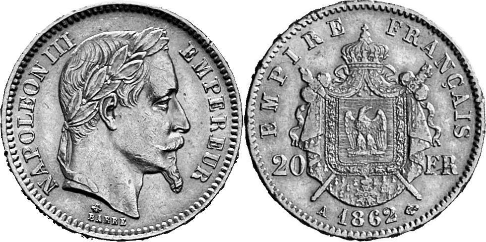 FRANKREICH KÖNIGREICH Napoléon III, 1852-1870. 20 Francs 1862 A, Paris.