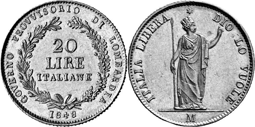 ITALIEN LOMBARDEI Provisorische Regierung 1848. 20 Lire 1848 M, Mailand.