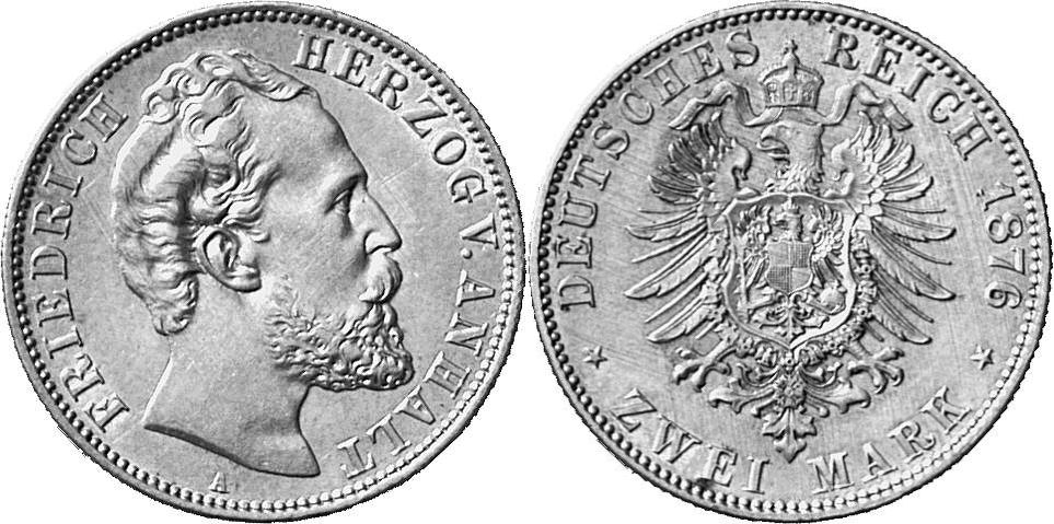 REICHSSILBERMÜNZEN ANHALT Friedrich I., 1871-1904. 2 Mark 1876.