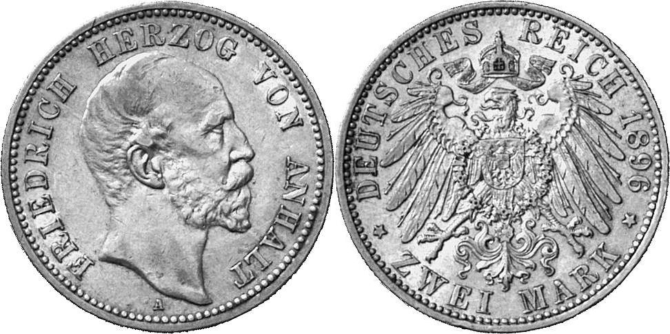 REICHSSILBERMÜNZEN ANHALT Friedrich I., 1871-1904. 2 Mark 1896.