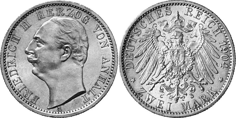 REICHSSILBERMÜNZEN ANHALT Friedrich II., 1904-1918. 2 Mark 1904.