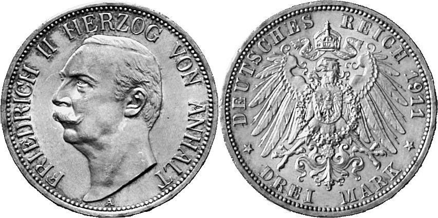 REICHSSILBERMÜNZEN ANHALT Friedrich II., 1904-1918. 3 Mark 1911.