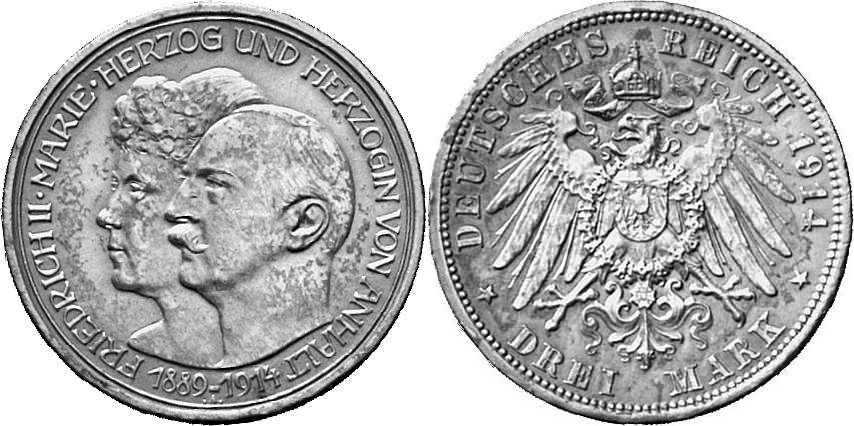 REICHSSILBERMÜNZEN ANHALT Friedrich II., 1904-1918. 3 Mark 1914.