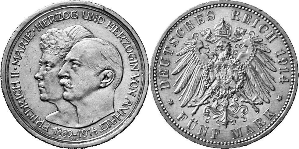 REICHSSILBERMÜNZEN ANHALT Friedrich II., 1904-1918. 5 Mark 1914.