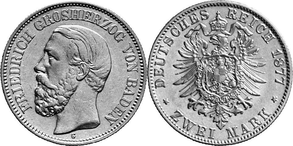 REICHSSILBERMÜNZEN BADEN Friedrich I., 1852-1907. 2 Mark 1877.