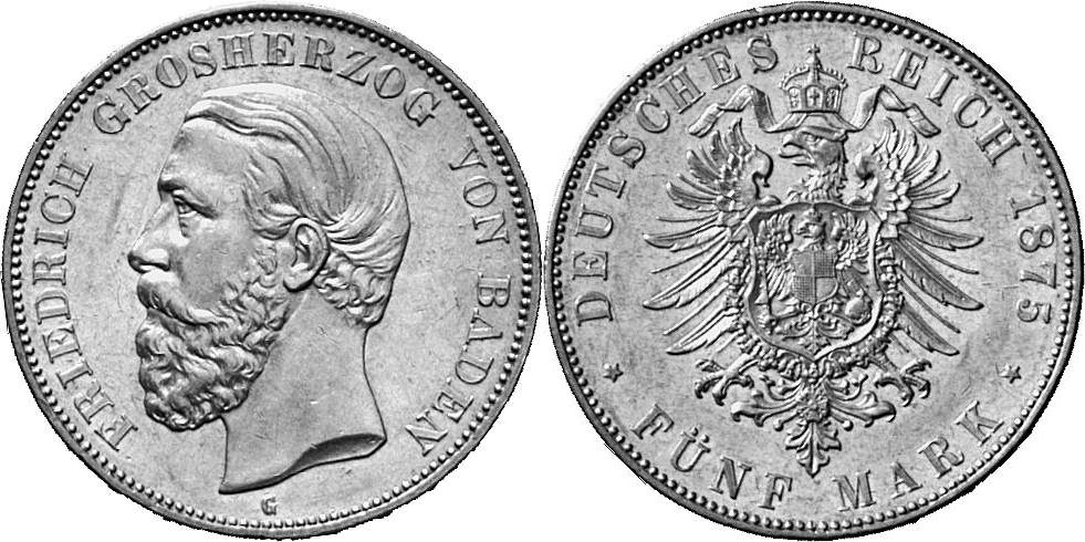 REICHSSILBERMÜNZEN BADEN Friedrich I., 1852-1907. 5 Mark 1875,