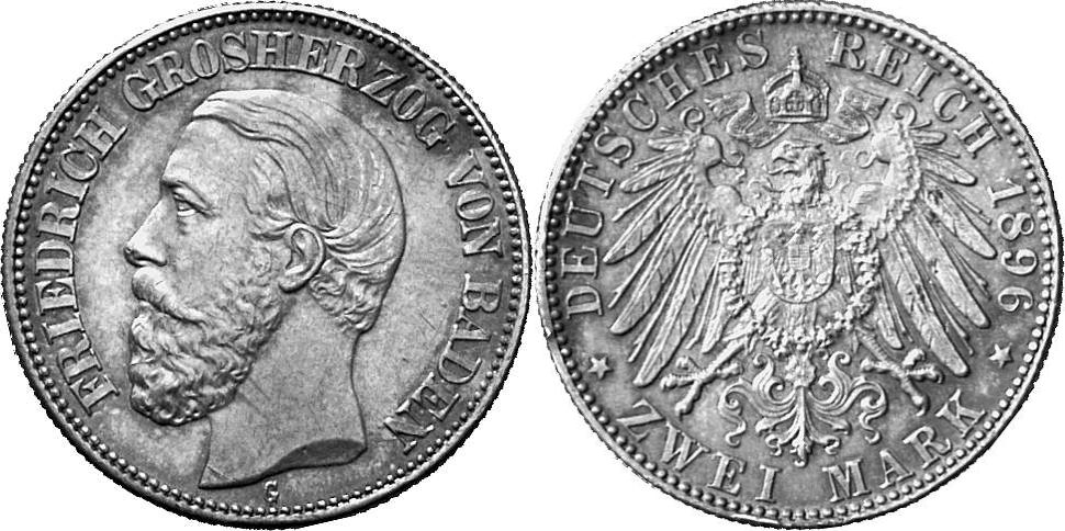 REICHSSILBERMÜNZEN BADEN Friedrich I., 1852-1907. 2 Mark 1896.