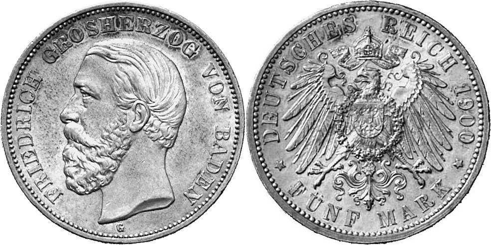 REICHSSILBERMÜNZEN BADEN Friedrich I., 1852-1907. 5 Mark 1900.