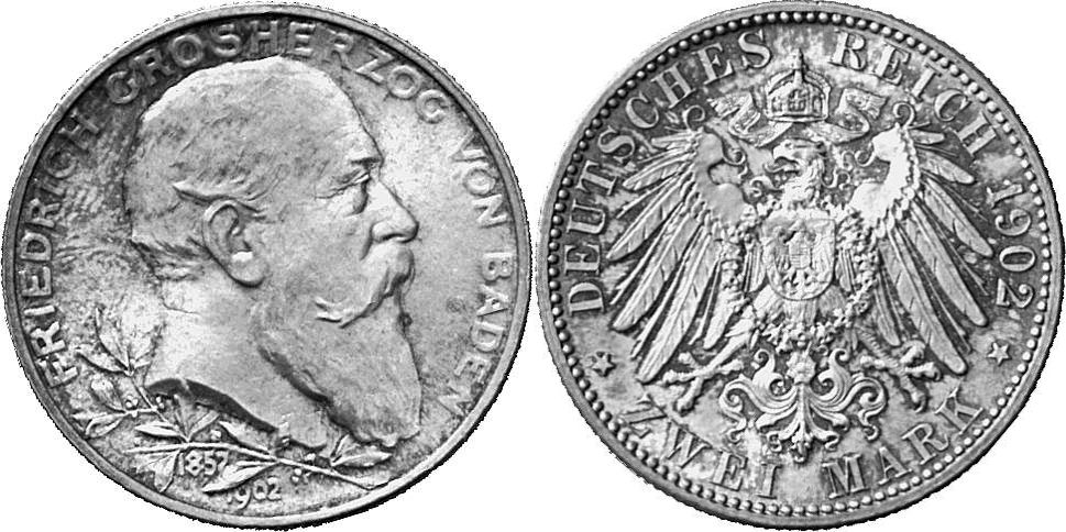 REICHSSILBERMÜNZEN BADEN Friedrich I., 1852-1907. 2 Mark 1902.