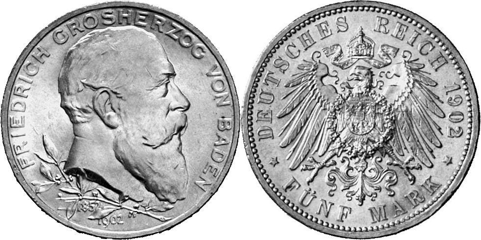REICHSSILBERMÜNZEN BADEN Friedrich I., 1852-1907. 5 Mark 1902.