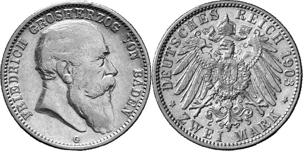 REICHSSILBERMÜNZEN BADEN Friedrich I., 1852-1907. 2 Mark 1903.
