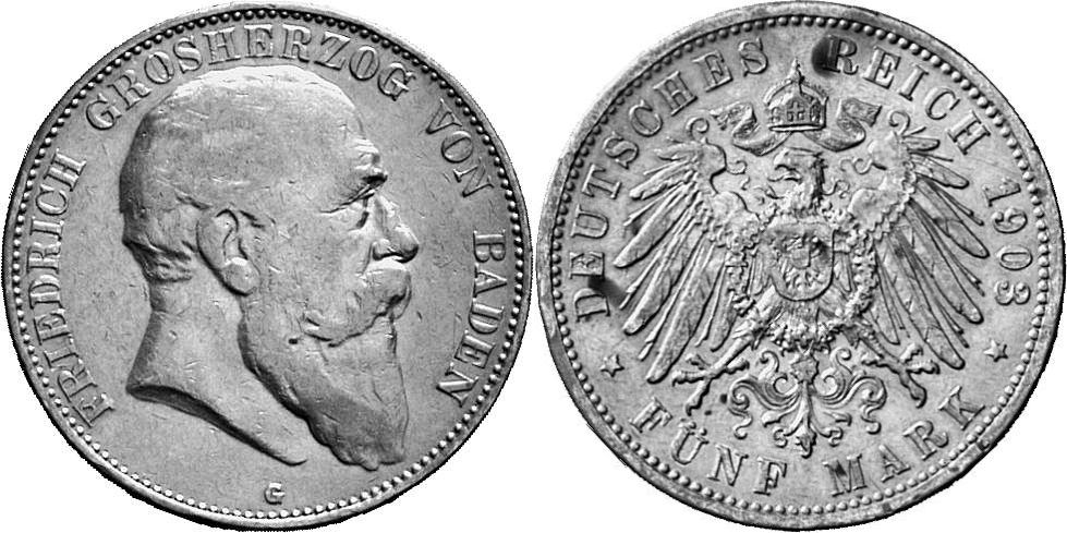 REICHSSILBERMÜNZEN BADEN Friedrich I., 1852-1907. 5 Mark 1903.