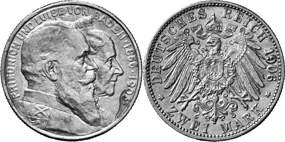 REICHSSILBERMÜNZEN BADEN Friedrich I., 1852-1907. 2 Mark 1906.