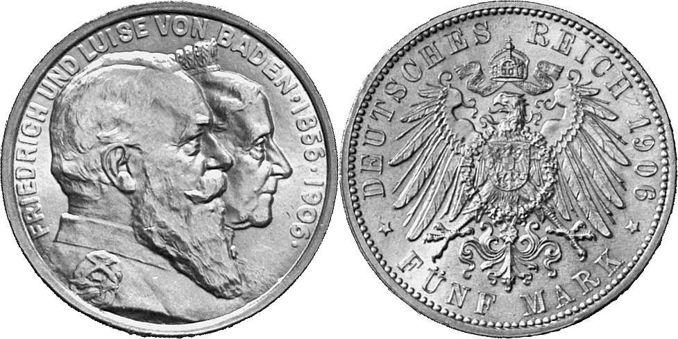 REICHSSILBERMÜNZEN BADEN Friedrich I., 1852-1907. 5 Mark 1906.