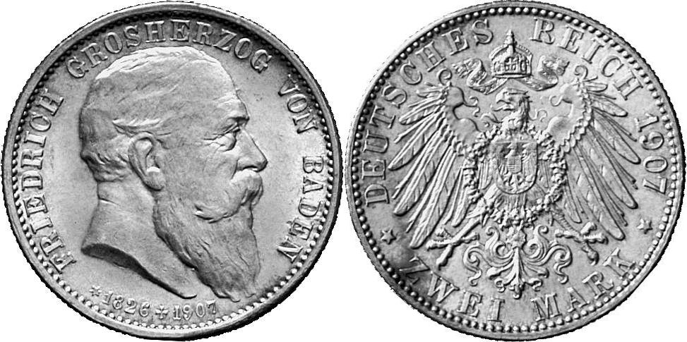 REICHSSILBERMÜNZEN BADEN Friedrich I., 1852-1907. 2 Mark 1907,