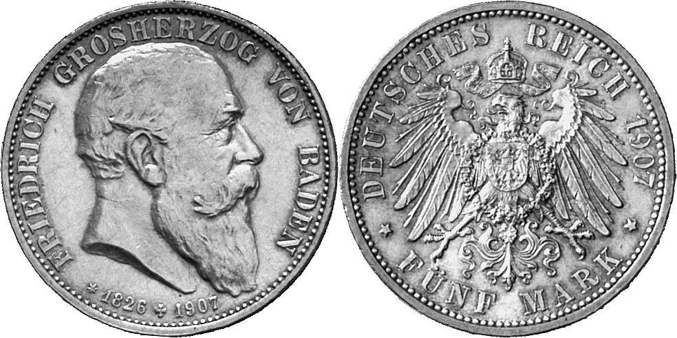 REICHSSILBERMÜNZEN BADEN Friedrich I., 1852-1907. 5 Mark 1907,