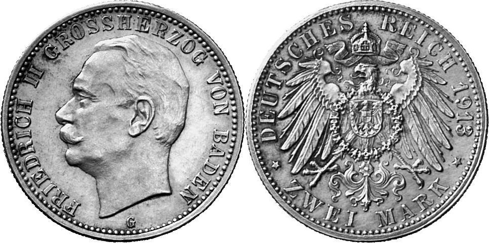 REICHSSILBERMÜNZEN BADEN Friedrich II., 1907-1918. 2 Mark 1913.