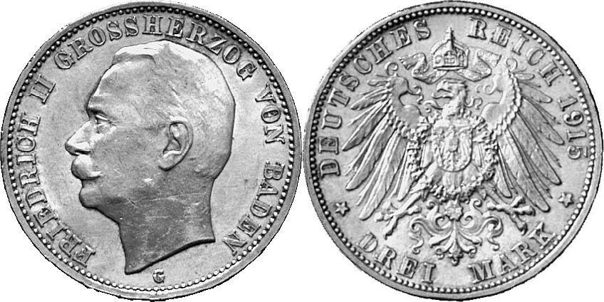REICHSSILBERMÜNZEN BADEN Friedrich II., 1907-1918. 3 Mark 1915.