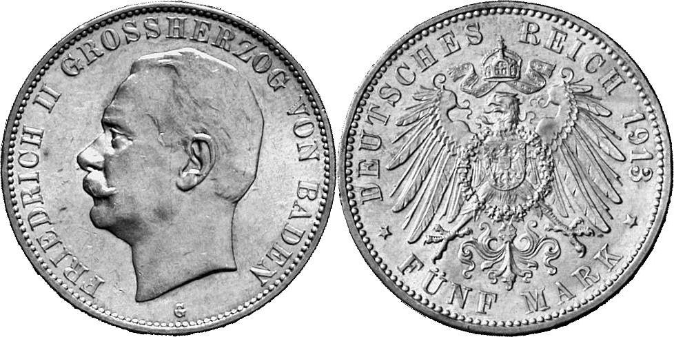 REICHSSILBERMÜNZEN BADEN Friedrich II., 1907-1918. 5 Mark 1913.