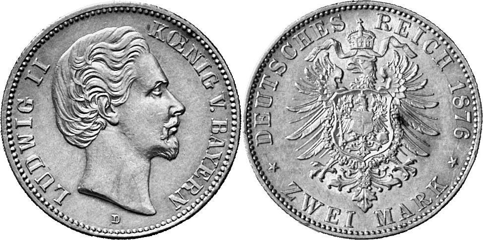 REICHSSILBERMÜNZEN BAYERN Ludwig II., 1864-1886. 2 Mark 1876.