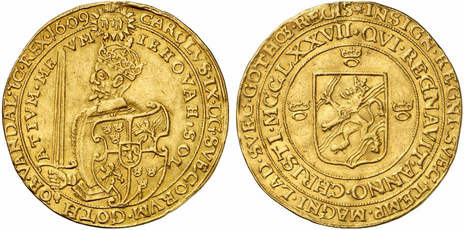SCHWEDEN KÖNIGREICH Karl IX., (1560-) 1604-1611. 64 Mark (4 Carolin) 1609, Stockholm.