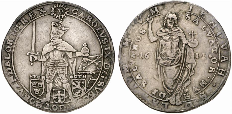 SCHWEDEN KÖNIGREICH Karl IX., (1560-) 1604-1611. Riksdaler 1611 (Jahreszahl im Stempel aus 1610 geändert), Stockholm.