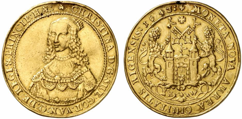 BALTIKUM RIGA Unter Schweden. Christina, 1632-1654. 3 Dukaten 1643.