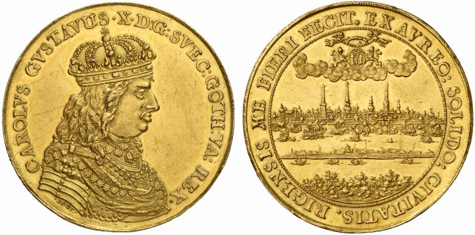 BALTIKUM RIGA Unter Schweden. Karl X. Gustav, 1654-1660. 6 Dukaten "1645" (1655), Stettin,