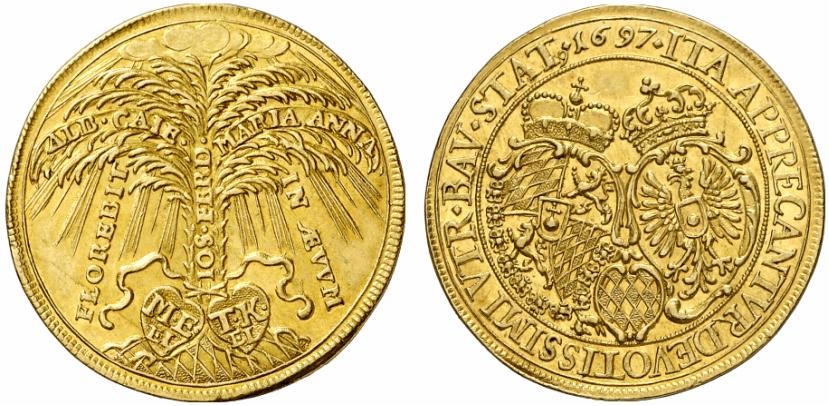 BAYERN HERZOGTUM Maximilian II. Emanuel, 1679-1726. 2 Dukaten 1697, München.