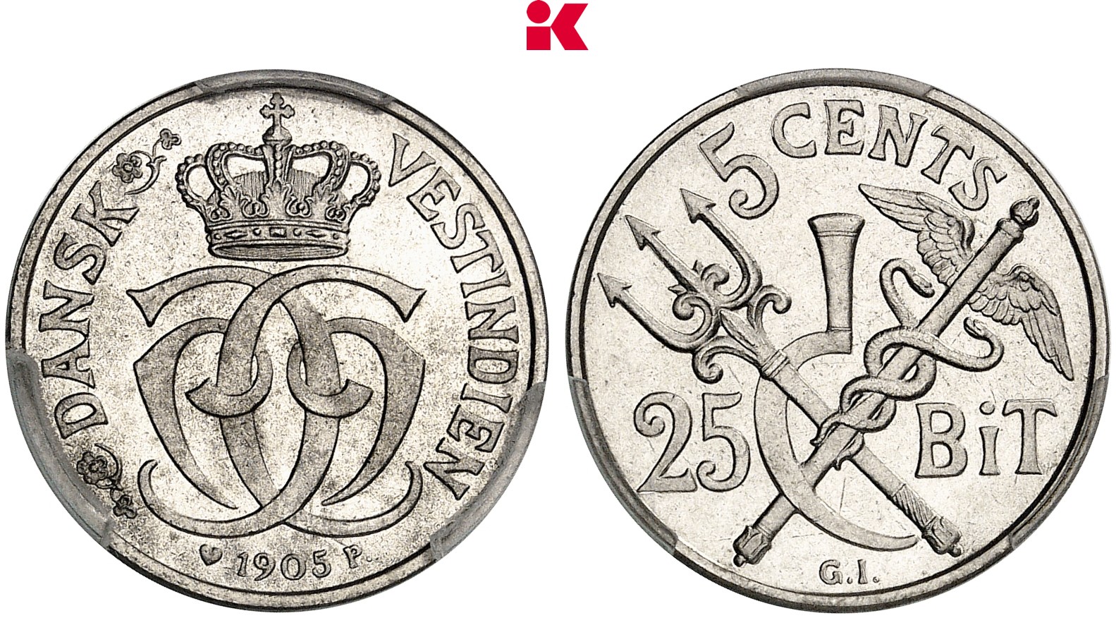 DÄNEMARK DÄNISCH-WESTINDIEN Christian IX., 1863-1906. 5 Cents (25 Bit) 1905, Kopenhagen.