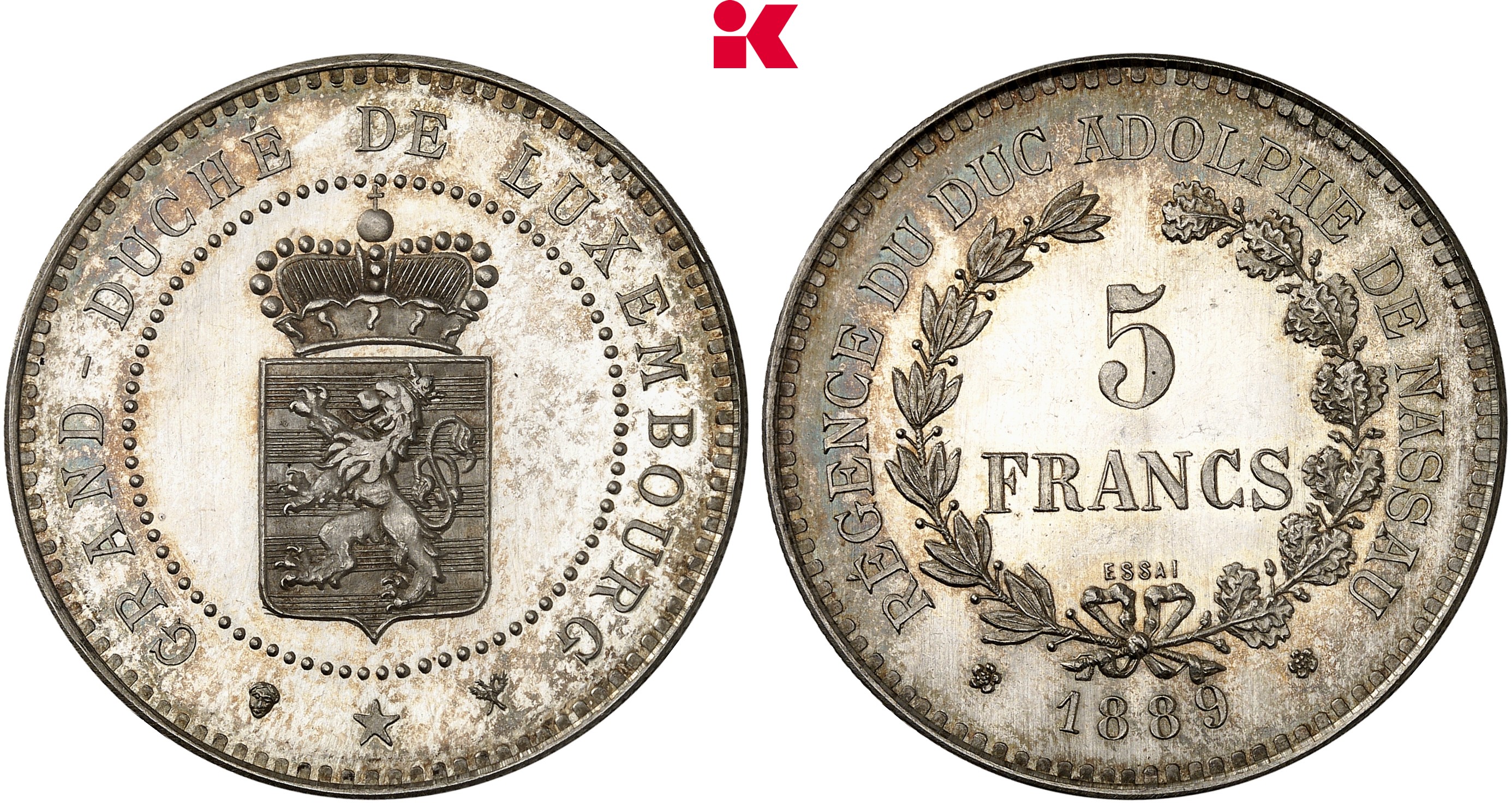LUXEMBURG HERZOGTUM Adolf von Nassau, 1890-1905. 5 Francs 1889.