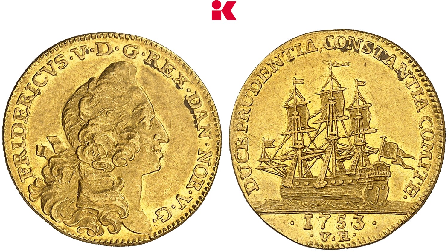 DÄNEMARK KÖNIGREICH Frederik V., 1746-1766. Dukat 1753, Kopenhagen.
