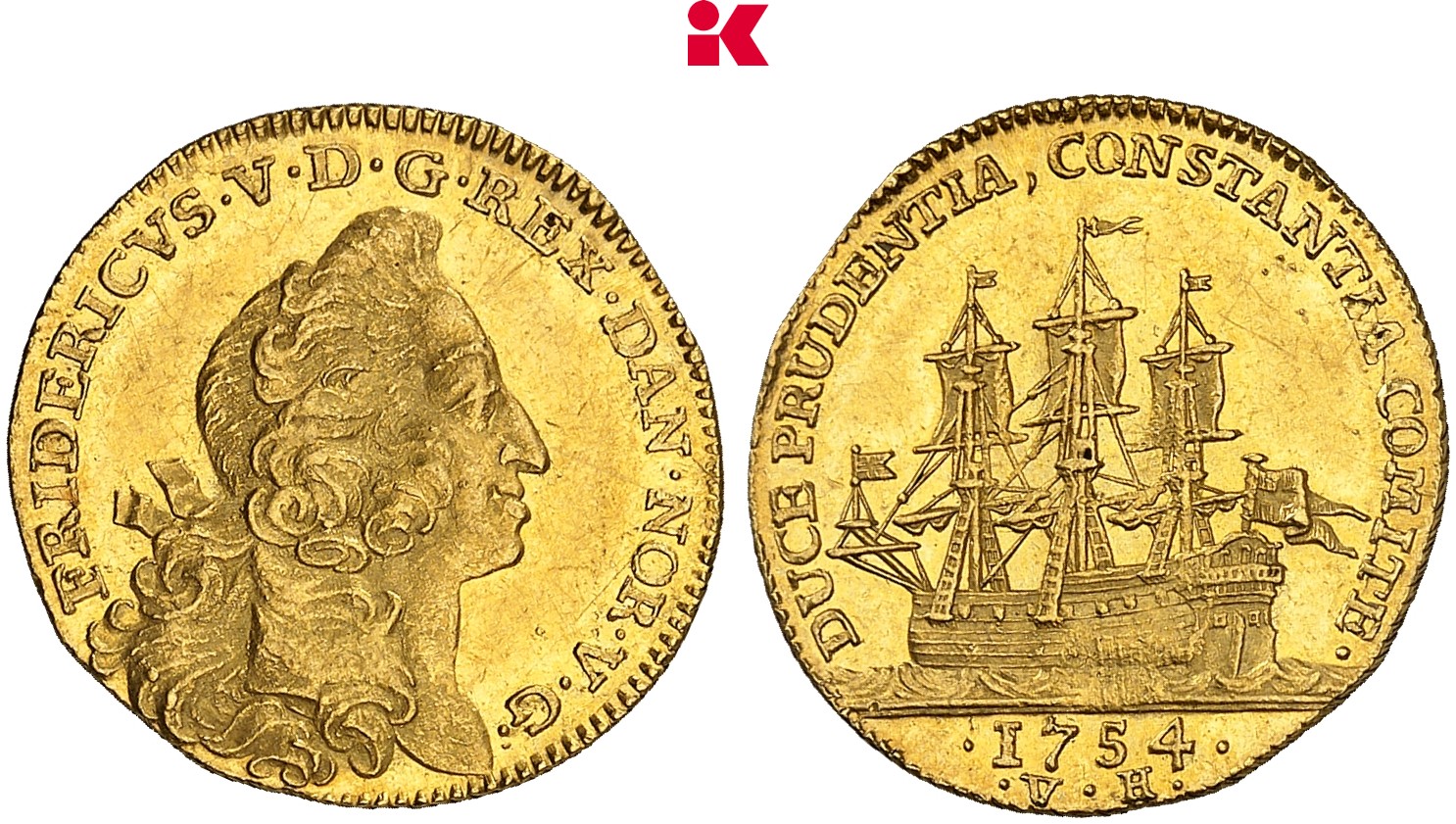 DÄNEMARK KÖNIGREICH Frederik V., 1746-1766. Dukat 1754, Kopenhagen.