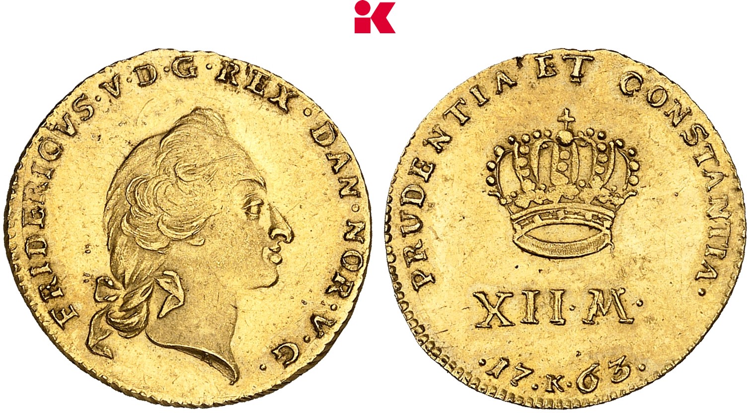 DÄNEMARK KÖNIGREICH Frederik V., 1746-1766. Kurant-Dukat (12 Mark) 1763, Kopenhagen.