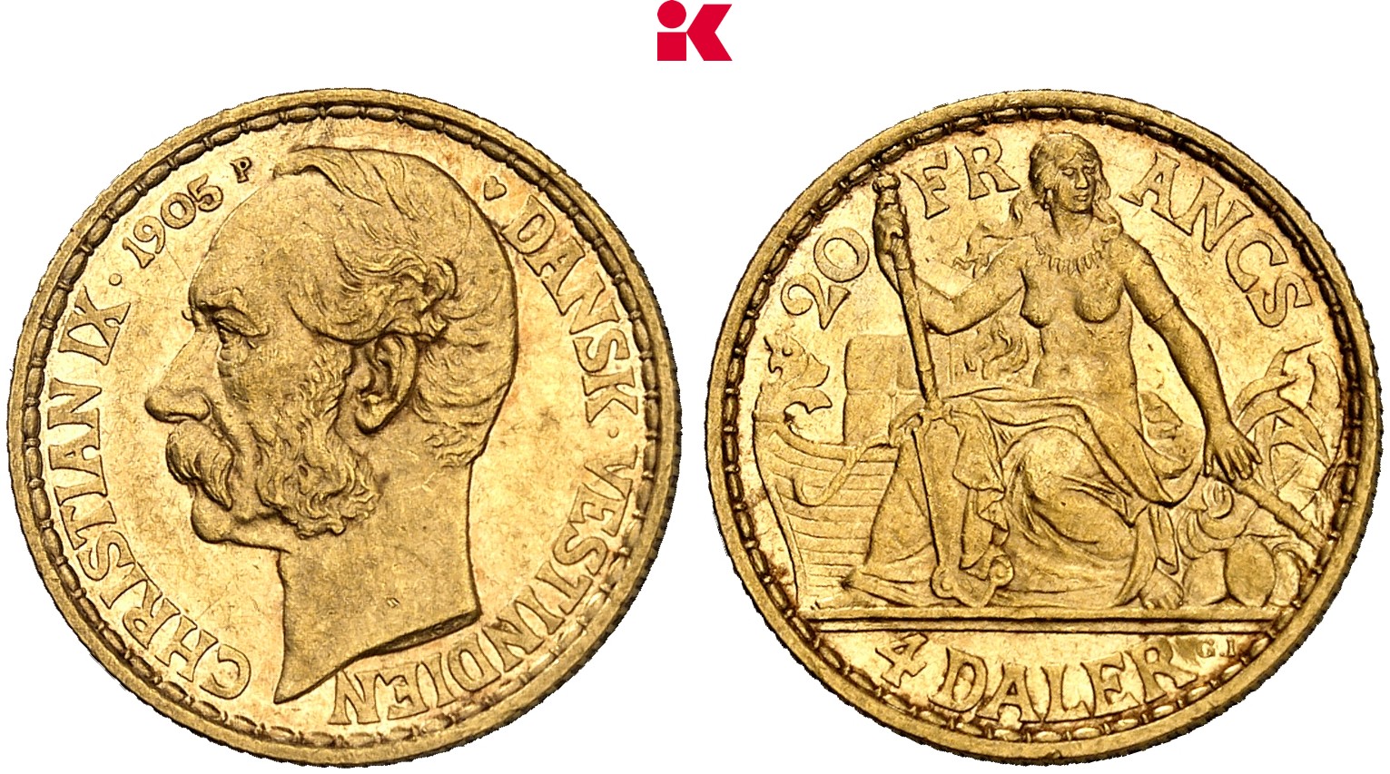 DÄNEMARK DÄNISCH-WESTINDIEN Christian IX., 1863-1906. 20 Francs (4 Daler) 1905, Kopenhagen.