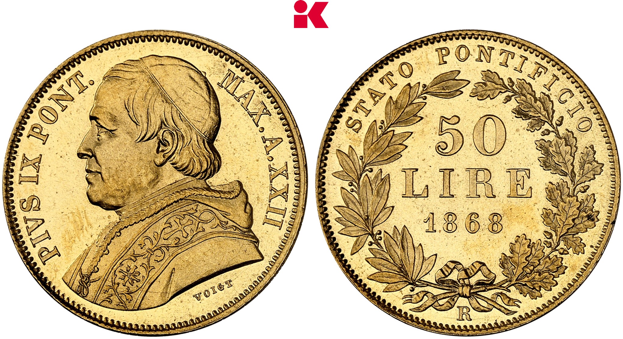 ITALIEN KIRCHENSTAAT/VATIKAN Pius IX., 1846-1878. 50 Lire A XXII/1868 R, Rom.